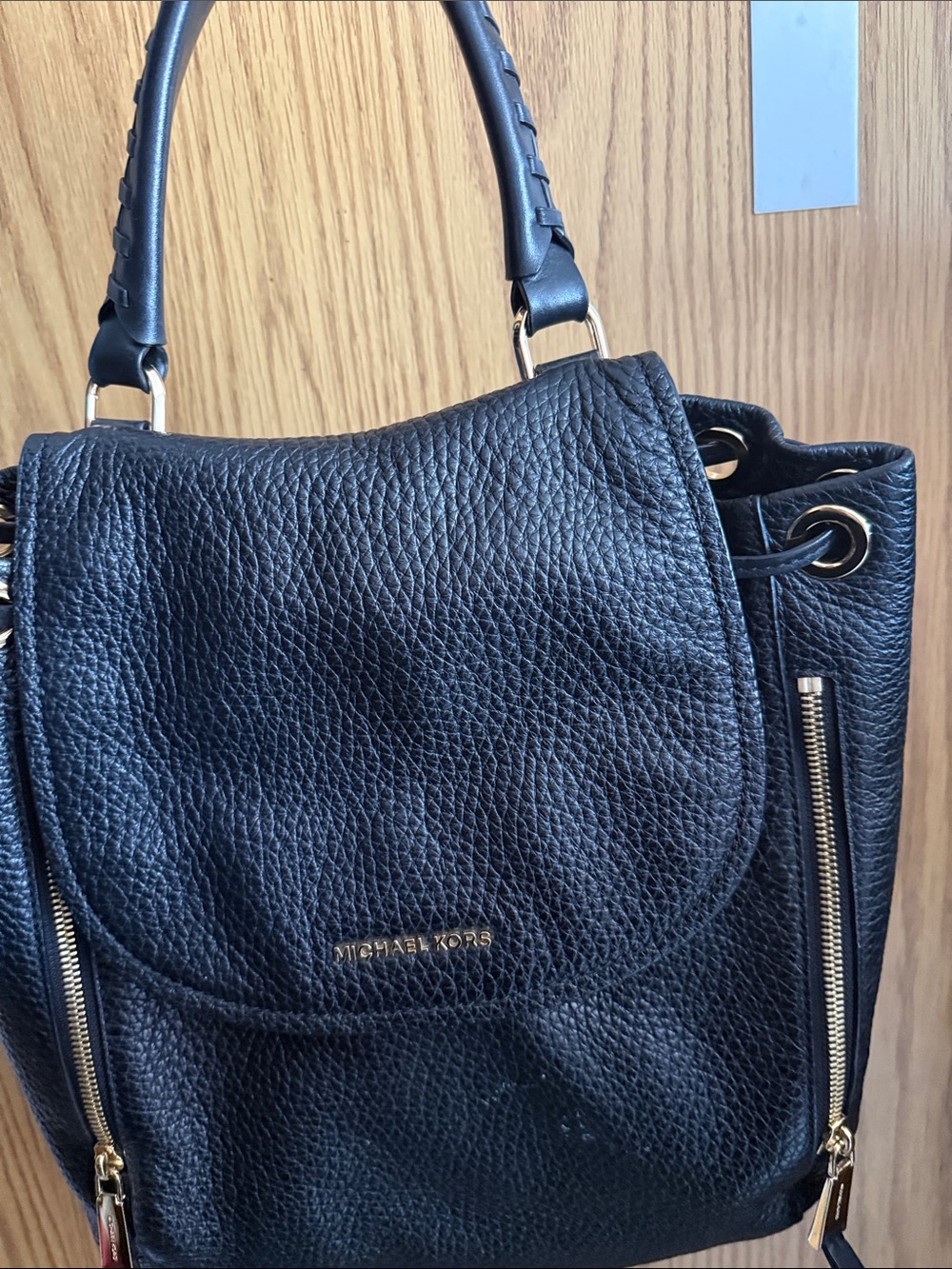 Michael Kors Black Pebbled Leather Satchel with Gold Hardware